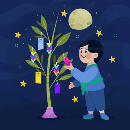 Illustration for Flat tanabata illustration with person hanging tags bamboo Vector illustration - Royalty Free Image