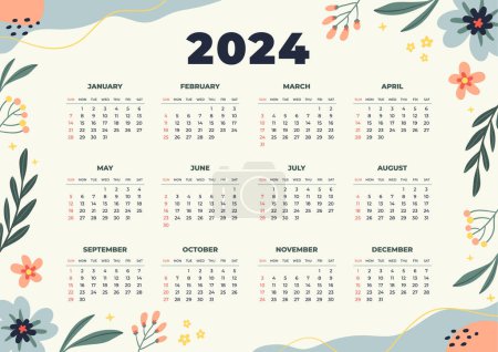 Plantilla de calendario plano 2024 aislada sobre fondo blanco. Ilustración vectorial en estilo plano