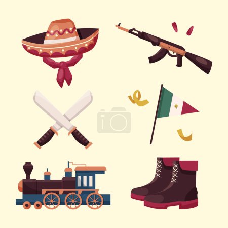 Illustration for Elements Collection Mexican Revolution Celebration Isolated On White Background. Vector Illustration In Flat Style - Royalty Free Image
