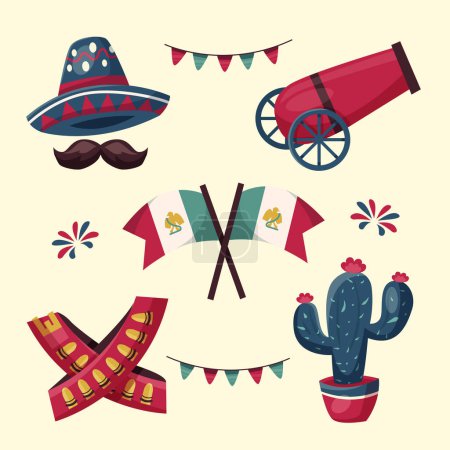 Illustration for Elements Collection Mexican Revolution Celebration Isolated On White Background. Vector Illustration In Flat Style - Royalty Free Image
