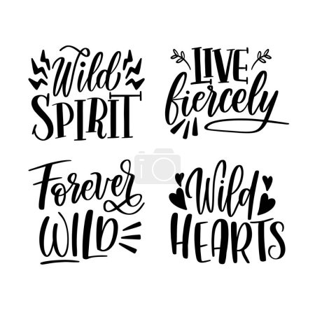 Illustration for Hand lettered quotes in a unique font and magenta color, perfect for branding or event invitations. Each quote embodies a wild spirit, living fiercely, staying forever wild, and having a wild heart - Royalty Free Image