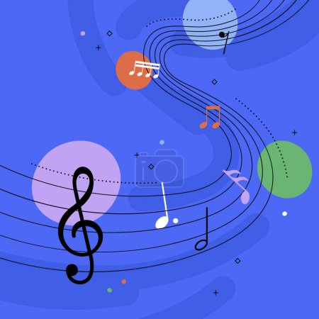 Illustration for The electric blue background is adorned with music notes and a treble clef, creating a harmonious pattern reminiscent of a clear sky reflected in water - Royalty Free Image