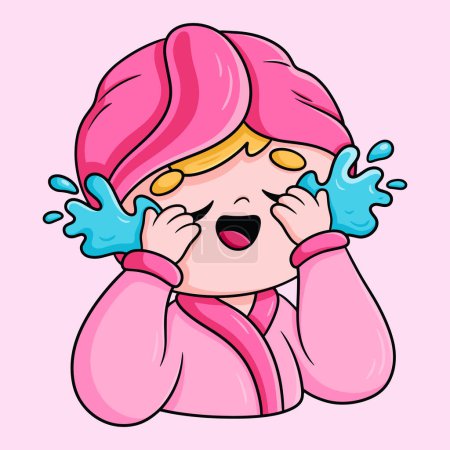 La chica de dibujos animados con una toalla envuelta alrededor de su cabeza está llorando, lágrimas que fluyen por sus mejillas rosadas. Sus ojos están hinchados y rojos, y tiene un pañuelo en la mano.