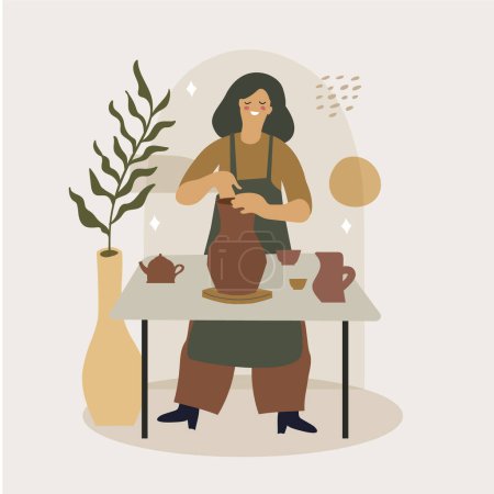 Una mujer está elaborando una maceta de barro sobre una mesa, usando sus manos y las herramientas de madera. Su sonrisa refleja la alegría de crear un producto inspirado en la naturaleza