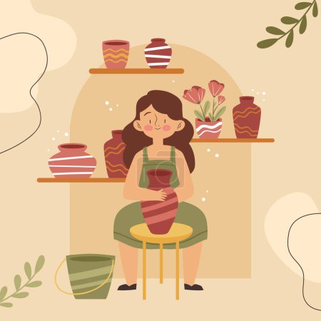 Illustration for A happy woman sits at a pottery wheel in a room, creating a vase. Her smile reflects the joy of making art from clay, like a living organism taking form - Royalty Free Image