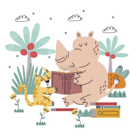 Ein Wirbeltier, das Nashorn, liest einem Säugetier, der Katze, ein Buch vor. Das Buch ist ein Cartoon mit einer Pflanze auf dem Einband, gedruckt in einer ausgefallenen Schrift auf Textil