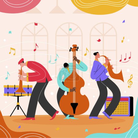 Illustration for A group of people are creating beautiful music with musical instruments and expressing themselves through gestures in a room filled with art and entertainment - Royalty Free Image
