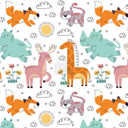 Ilustración de Un patrón sin costuras con animales y flores sobre un fondo blanco de alta calidad - Imagen libre de derechos