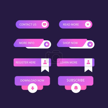 Ilustración de Un patrón de botones púrpura y rosa en forma de rectángulo sobre un fondo oscuro, que se asemeja a la iluminación automotriz. Colores de fuente de violeta, magenta y azul eléctrico, creando un diseño de gadget de moda - Imagen libre de derechos