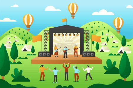 Un grupo de personas se reúne frente a un colorido escenario en un festival de música, rodeado de un hermoso paisaje natural. El ambiente es animado y lleno de entretenimiento