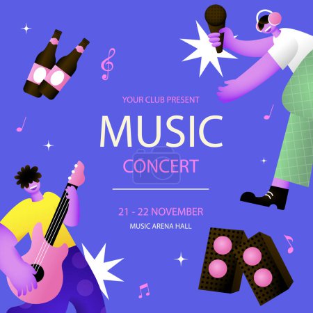Witness a joyful night of entertainment featuring a man playing a guitar and a woman singing into a microphone. Embrace the art of performing arts at this electric bluethemed event