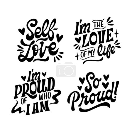 Four hand drawn lettering quotes about self love and being proud of who I am, in unique fonts and magenta color. Perfect for sleeve designs, logos, and brand illustrations