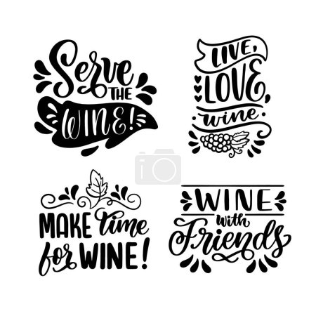 A set of four wine quotes in magenta font on a white background. Each quote is displayed in a unique patterned rectangle with the brand logo and trademark graphics