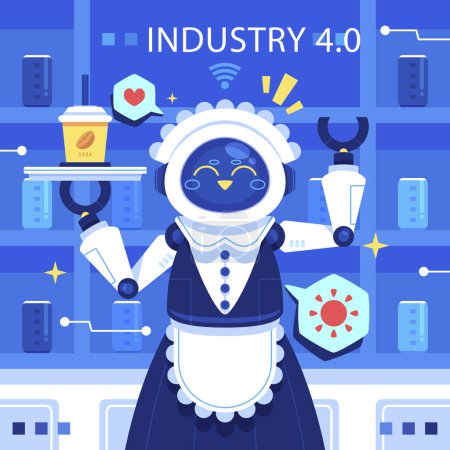 In a world of fictional characters, an electric blue robot dressed as a maid holds a cup of coffee. The illustration features a blue sleeve and intricate patterns, perfect for gaming or advertising