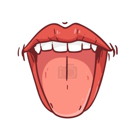 A cartoon illustration depicting a womans mouth with her tongue sticking out, showing teeth and lips. Her hair, eyebrow, nose, chin, jaw, and neck are also visible in the drawing
