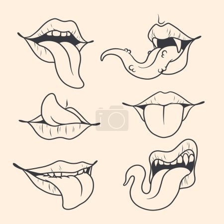 Bei Wirbeltieren wie Säugetieren findet man verschiedene Münder mit herausstehenden Zungen, die unterschiedliche Gesten zeigen. Dies kann in der Kunst durch Illustrationen oder Zeichnungen dargestellt werden.