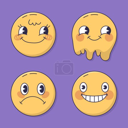 Téléchargez les illustrations : Un ensemble de quatre visages souriants avec différentes expressions faciales représentant des organismes mammifères heureux. Chaque émoticône a un sourire, un nez et une tête uniques sur un fond violet - en licence libre de droit