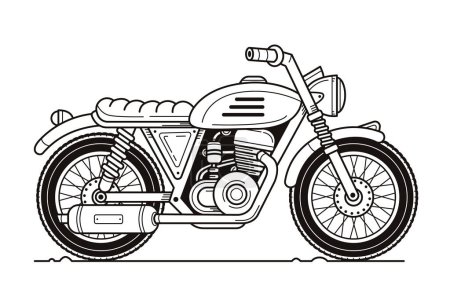 Un dessin noir et blanc comportant une moto avec des éléments de conception automobile détaillés tels que des roues, des pneus, des ailes, un éclairage et un échappement sur fond blanc