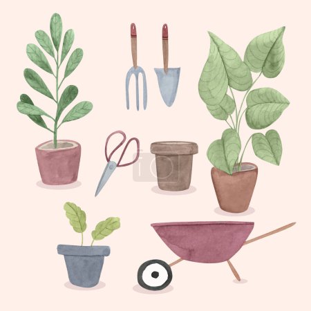 Illustration for A selection of houseplants in flowerpots, along with gardening tools and a wheelbarrow, perfect for anyone who enjoys caring for greenery - Royalty Free Image