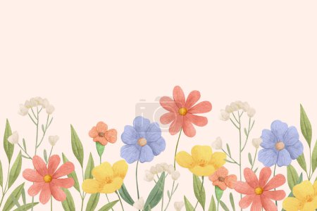 Illustration for A beautiful row of vibrant flowers with green leaves painted on a white background, creating a stunning natural landscape artwork - Royalty Free Image