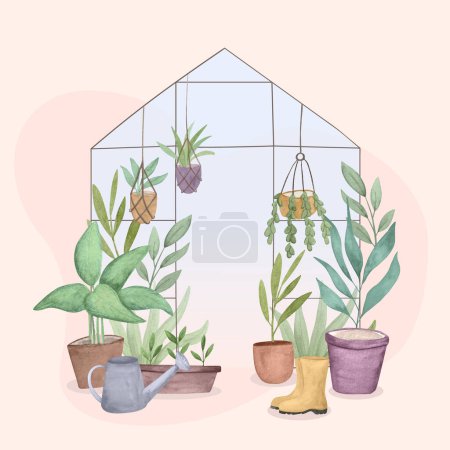 Illustration for A rectangular greenhouse houses a variety of potted terrestrial plants, including flowers, shrubs, and trees. A watering can and a pair of boots are also present - Royalty Free Image