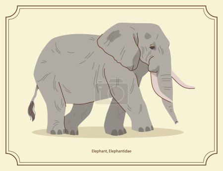 Téléchargez les illustrations : Une illustration de dessin animé d'un éléphant marchant sur un fond beige. Haute qualité - en licence libre de droit