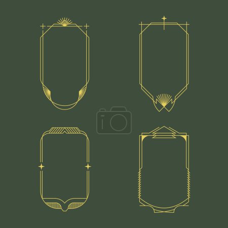 Illustration for Four rectangular gold frames with intricate patterns on a green background, resembling automotive lighting. The metal frames add symmetry and style to any fashion accessory or jewellery display - Royalty Free Image