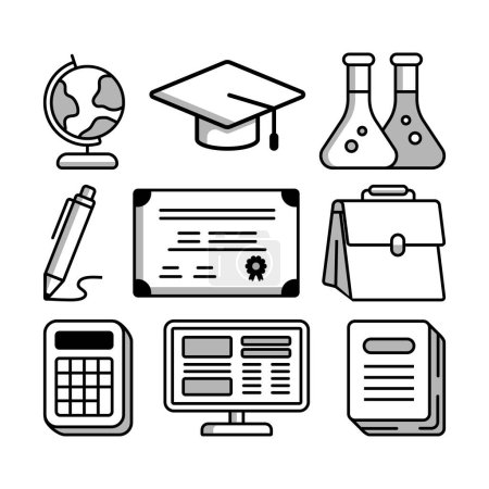 A collection of monochrome education icons displayed on a clean white background. The icons feature a variety of design elements such as product, font, patterns, and line art