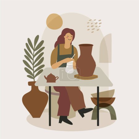 Una mujer está sentada en una mesa de madera haciendo un florero rectangular. Está creando arte con plantas terrestres, plantas de interior y árboles.