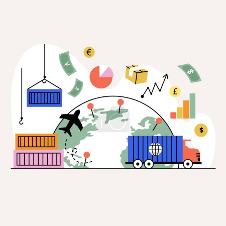Illustration eines Containerlasters, der weltweit unterwegs ist und verschiedene Formen wie Rechtecke, Dreiecke, Kreise und Logos zeigt