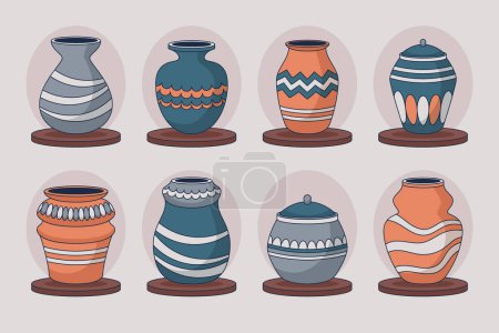 Illustration for The illustration showcases a variety of tableware items including vases, each unique in design and style, perfect for displaying flowers or as decorative art pieces - Royalty Free Image