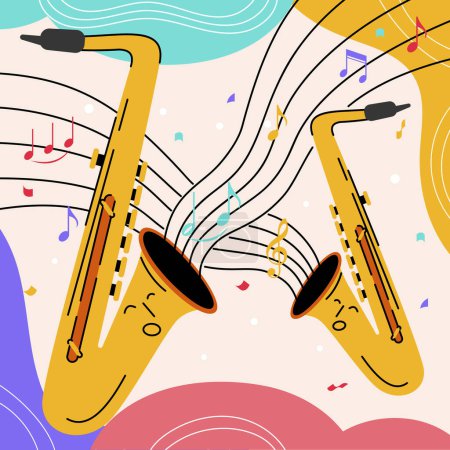 Téléchargez les illustrations : Deux saxophones créent une musique harmonieuse sur un fond vibrant, mélangeant art et musique dans un affichage coloré - en licence libre de droit