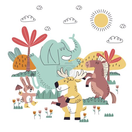 A group of organisms, including a dinosaur, are standing next to each other in a field. This cartoon illustration shows a happy adaptation of plant and animal species in a rectangular format