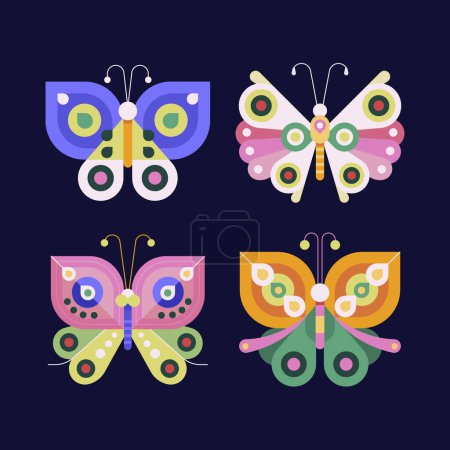 Téléchargez les illustrations : Un ensemble de quatre papillons vibrants, dont des espèces comme les pollinisateurs et les insectes, apparaissent sur un fond bleu foncé. Les couleurs vont de l'azur et de l'aqua au magenta et au rose - en licence libre de droit