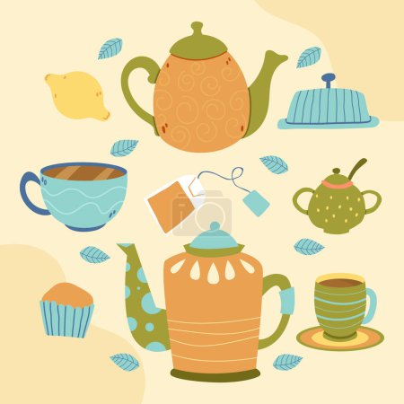 Illustration for An artistic display of drinkware and serveware including teapots, cups, cupcakes, and leaves on a yellow background. The azure, green, and aqua colors add a vibrant touch to this tableware set - Royalty Free Image