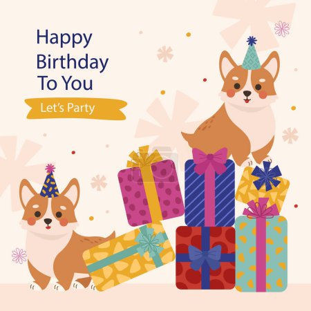 Illustration for Two cartoon corgi dogs, carnivorous mammals, are sitting next to a pile of birthday presents, wearing party hats. The illustration is done in a detailed line art style - Royalty Free Image