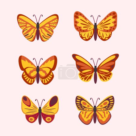 Das Set enthält eine Vielzahl von Schmetterlingen, wichtige Bestäuber. Diese Insekten, die zur Gruppe der Gliederfüßer gehören, weisen in ihren orangen und gelben Flügeln eine wunderschöne Symmetrie auf.