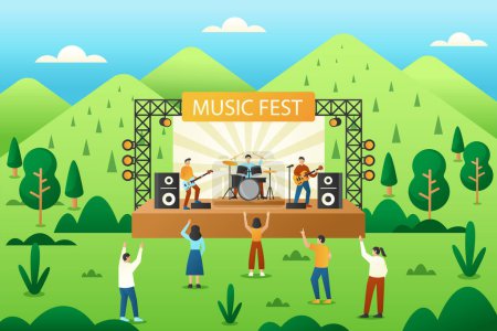Ilustración de Un grupo de personas se para frente a un escenario en un festival de música, rodeado de un exuberante paisaje natural verde bajo un cielo azul - Imagen libre de derechos