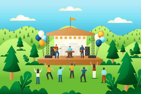 A group of people are enjoying a bands performance on a stage set amidst the greenery of a park, under the open sky surrounded by trees and natures beauty