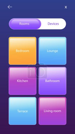 The smart home app screenshot displays rooms in purple, violet, and electric blue hues, with rectangles, circles, and patterns highlighting different devices