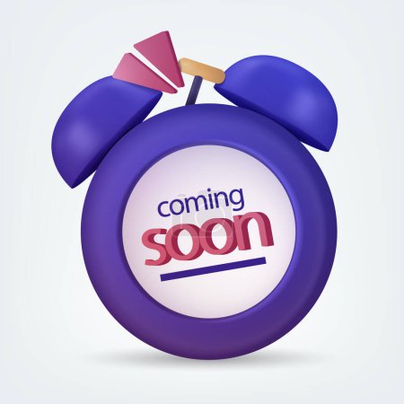 A stylish purple alarm clock featuring electric blue font with the words coming soon on it. Its a trendy fashion accessory with logo branding, perfect for any event