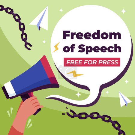 A hand holding a megaphone in front of a speech bubble promoting freedom of speech. This happy illustration is a graphic poster for an event supporting press freedom