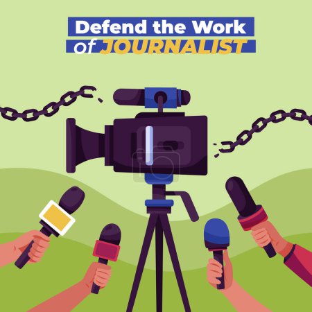 Support journalists work with Tripod and Camera accessories to capture the truth. Bold Font and Electric blue highlight the importance of defending free press