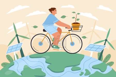 Téléchargez les illustrations : L'homme conduit un vélo avec un cadre de vélo et un guidon complexes sur le dessus d'un globe, présentant une forme d'art unique avec roue de vélo détaillée, fourche et geste - en licence libre de droit