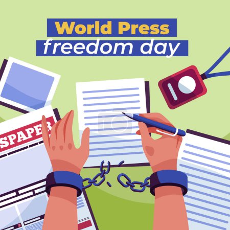 Ilustración de Celebre el Día Mundial de la Libertad de Prensa con una poderosa ilustración de una persona encadenada a un escritorio escribiendo en un cuaderno, haciendo hincapié en la importancia de la libertad de expresión y el periodismo independiente - Imagen libre de derechos
