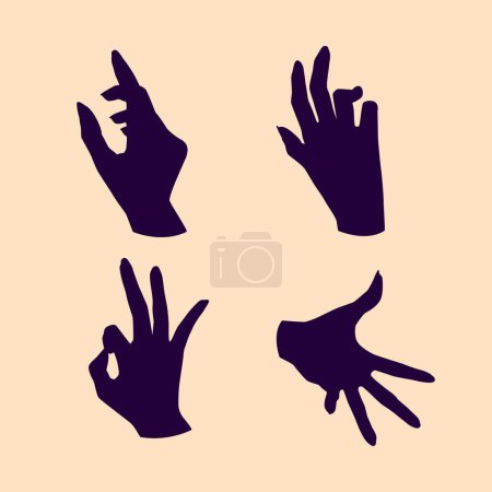 Four silhouettes of hands in different gestures, showcasing thumbs, fingers, and wrists on a beige background. The nails are painted electric blue, creating a pattern for a sign language event
