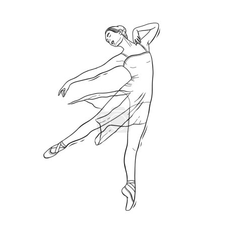 Téléchargez les illustrations : Illustration monochromatique d'un danseur de ballet jouant gracieusement sur une toile vierge, montrant des mouvements délicats de la tête, de l'œil, du corps humain, de la mâchoire, du cou, du genou, du geste, du coude, de l'art et du poignet - en licence libre de droit