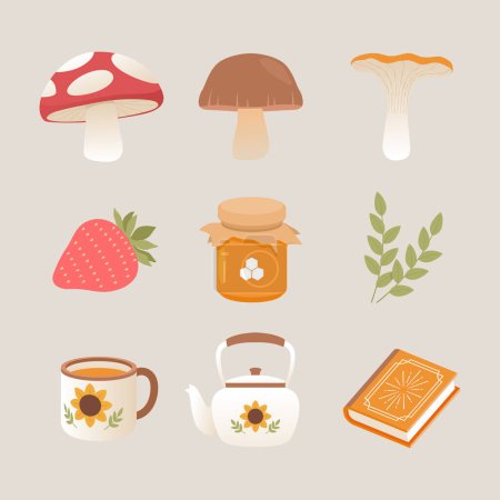 Product examples include a mushroom, a strawberry, a jar of honey, a teapot, and a book. They belong to the categories of fruit, liquid, serveware, drinkware, and dishware