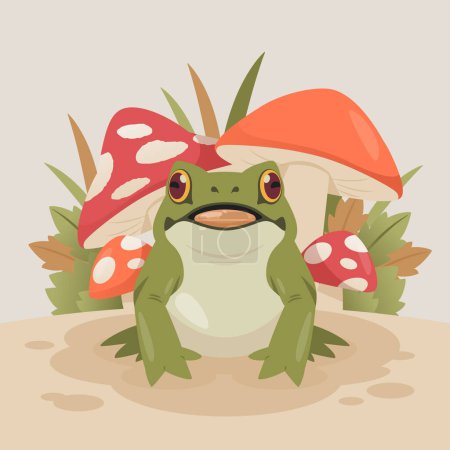 Ilustración de Una rana verde de dibujos animados, rodeada de setas, se sienta en la tierra. Esta figura animal ficticia es parte de una ilustración de artes creativas, que se asemeja a un juguete en una caricatura animada - Imagen libre de derechos