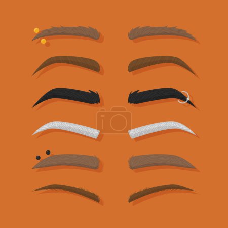 Various styles of eyebrows, representing different hair patterns, are showcased on an orange background. The shapes range from natural to artistic, adding character to the human body